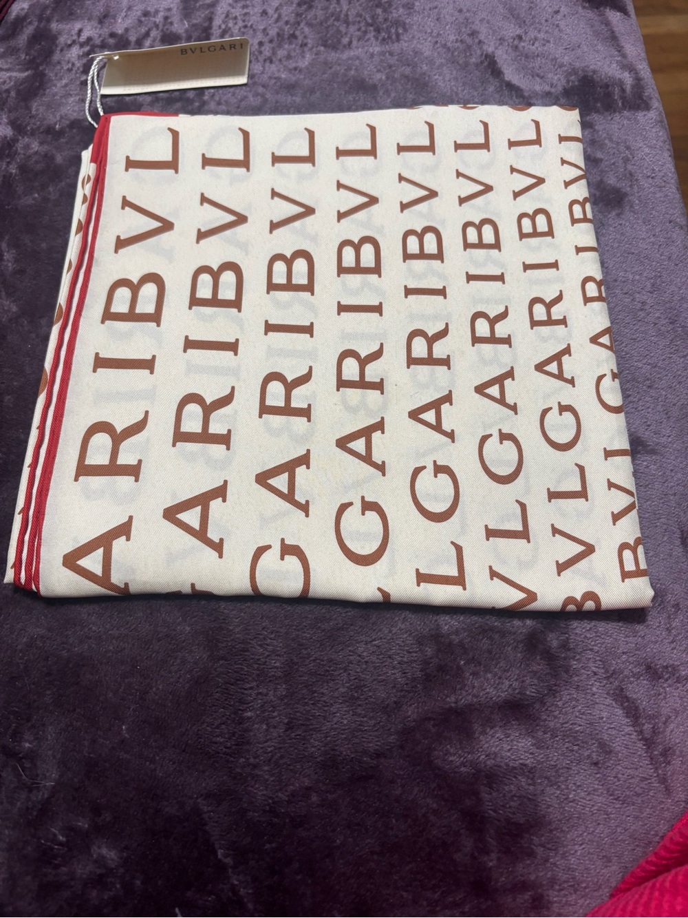 Bulgari Cream Silk Scarf with Brown Logo and Red Edge
